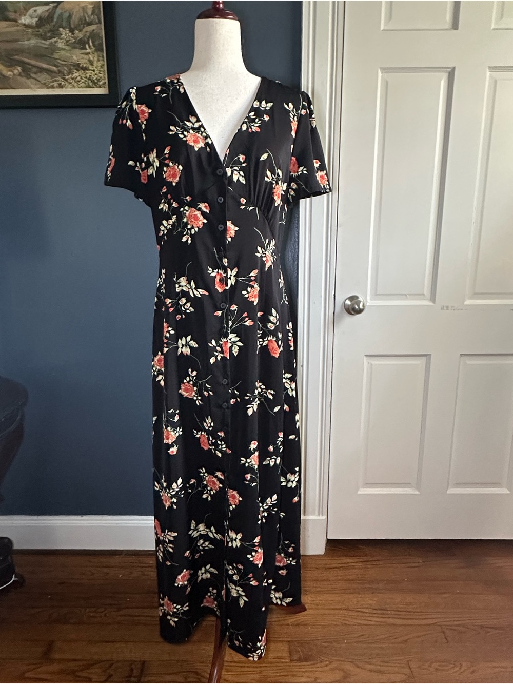 RIHOAS Black Maxi Dress with Coral Floral Print